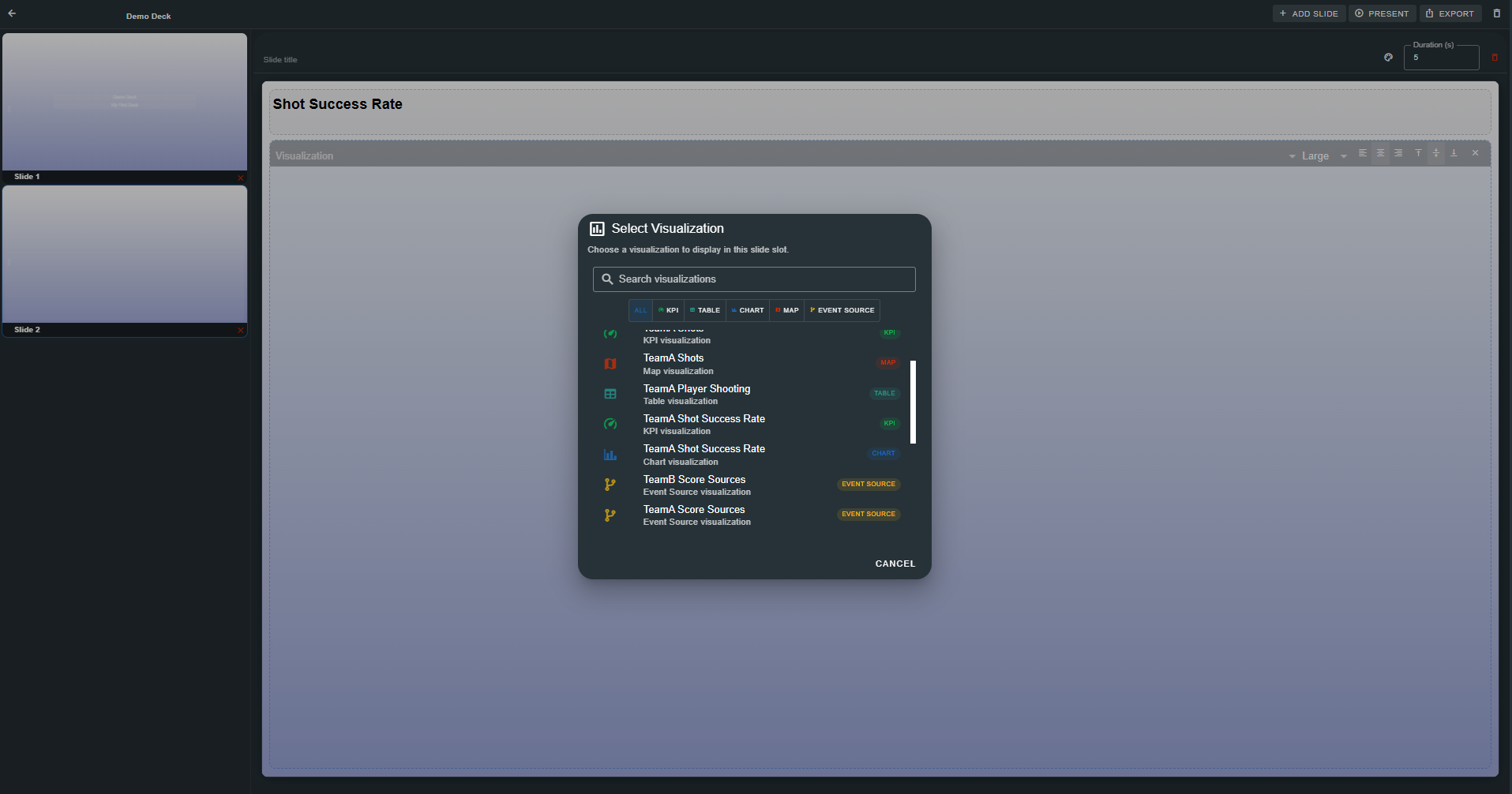 Selecting a visualization for a slide slot