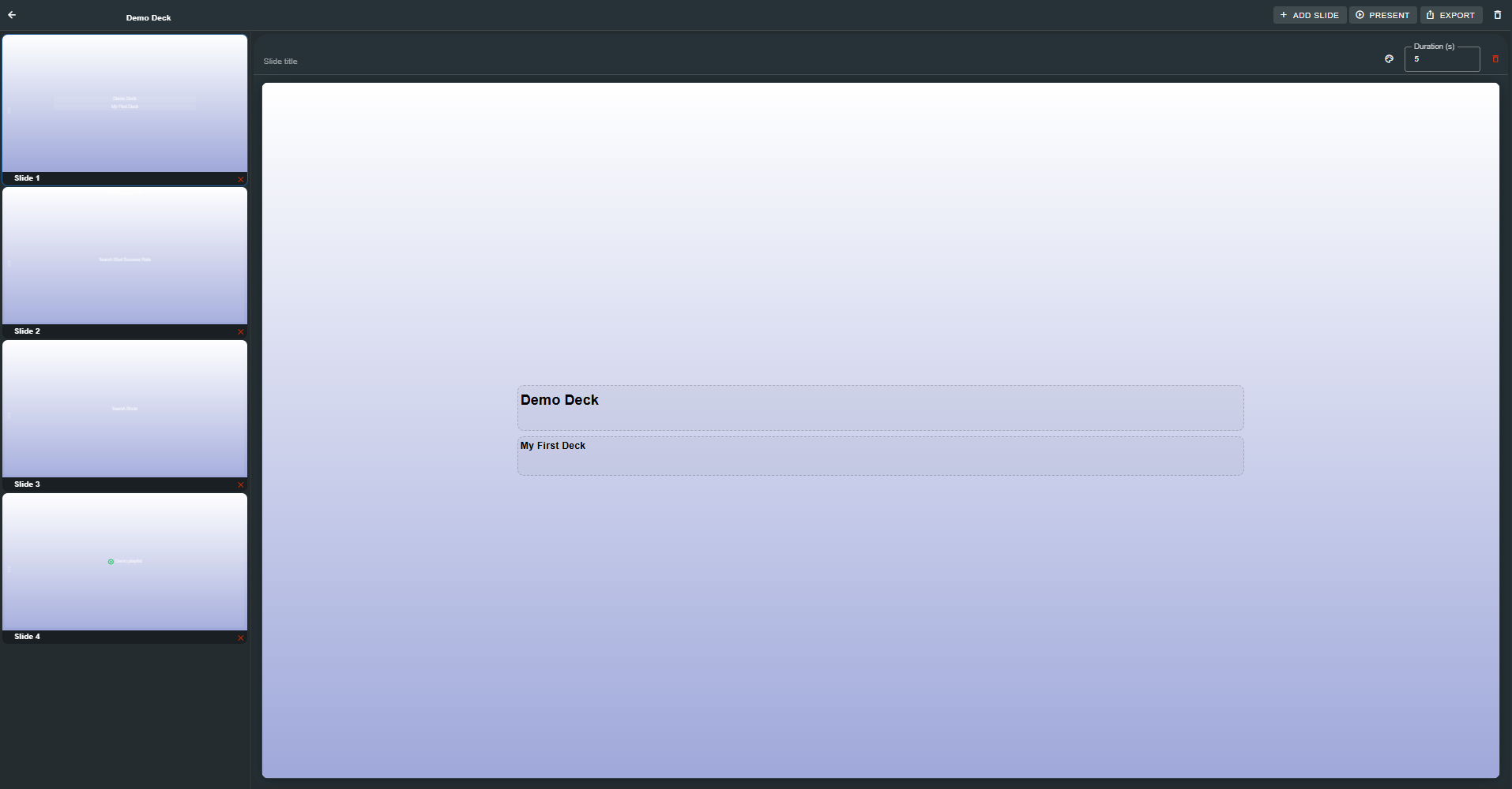 Deck editor showing slide thumbnails and active slide