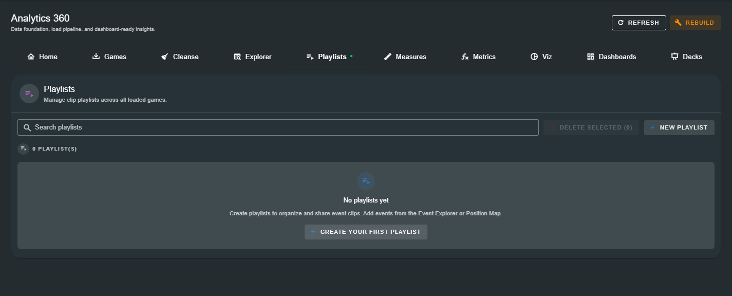 Playlists tab showing the playlist list with search and management actions