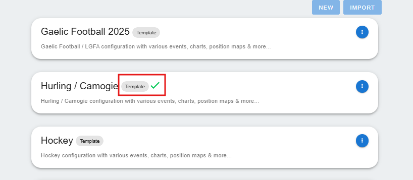 Template configuration selected when creating a new game